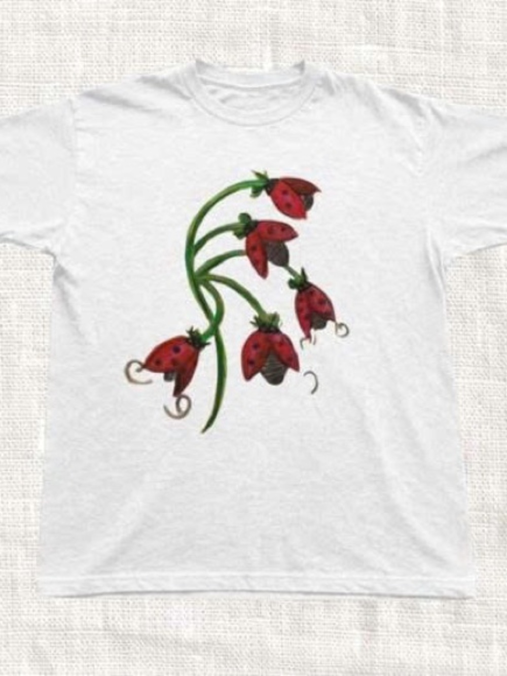 White Short Sleeve Tee with Red Ladybug Floral Graphic